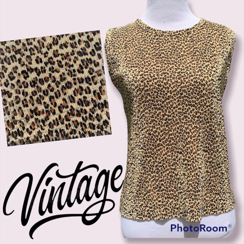Vintage Velvety Ribbed Mini Leopard Cheetah Print Plissé Sleeveless Top Tank MP